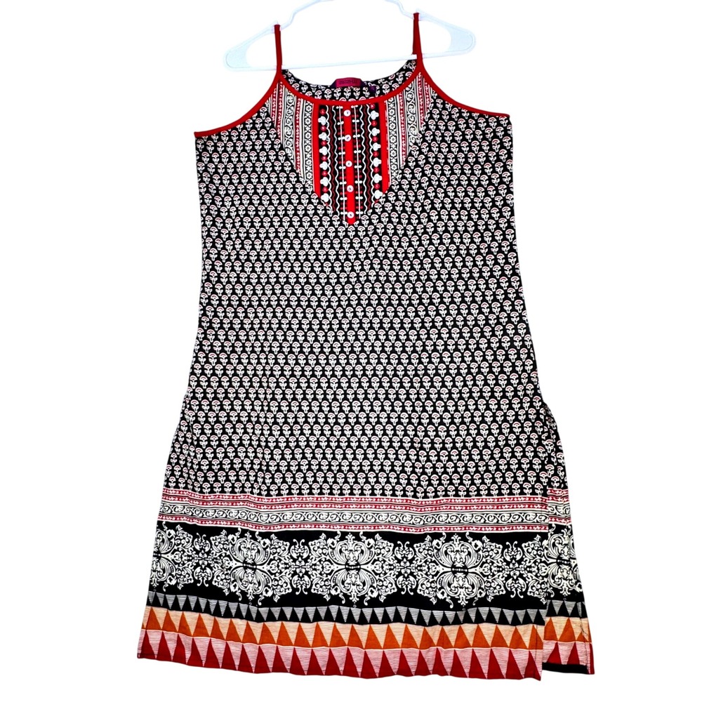 Srishti Kurti Tunic Women XL Black Cotton Block Print Sleeveless Boho Ethnic NEW
